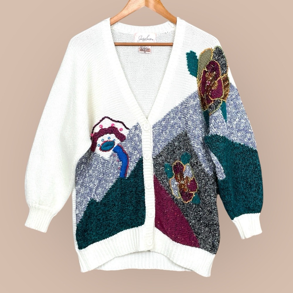 Vintage Jaclyn Smith Beaded Embroidered Cardigan Sweater Size M Boho 3D Metallic